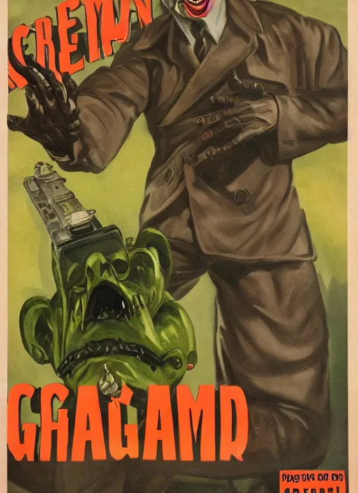 Prompt: creepy Gman from Half Life with a scary comically large smile, 1940s scare tactic propaganda art