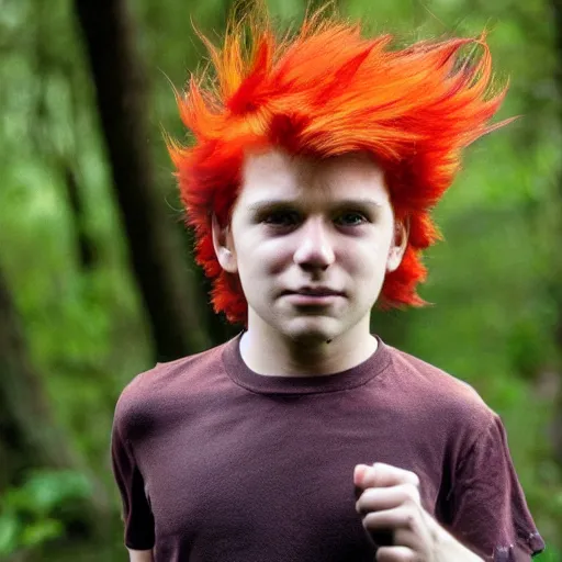 Image similar to a photo of a boy with firey hair in the woods training his powers 1 9 7 7 photo, realistic, photorealistic, detailed,