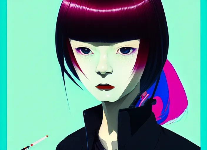 Image similar to editorial illustration by Karolis Strautniekas and Mads Berg, colorful, anime portrait vampire princess miyu, katsuhiro otomo, murata range, haruhiko mikimoto, Ilya kuvshinov,fine texture, smooth cel shading, symmetrical-face, fine details, matte print, film noir, dramatic lighting, dynamic composition, cinematic, film grain, moody, vivid, volumetric,stippled lighting, alphonse mucha face, art deco, smooth light shading, flat