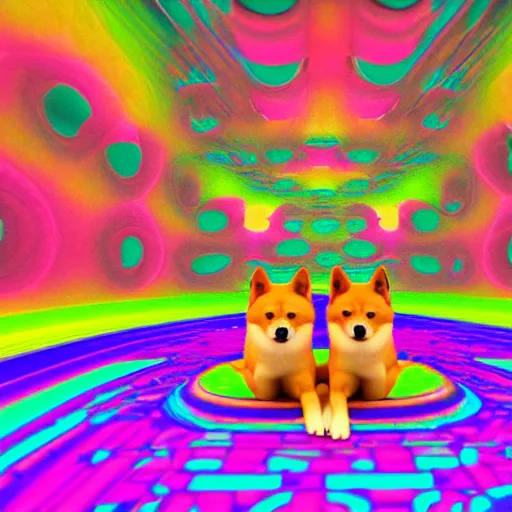 Image similar to two shiba inu in the psychedelic dmt fourth dimensional tunnel, octane 3 d render