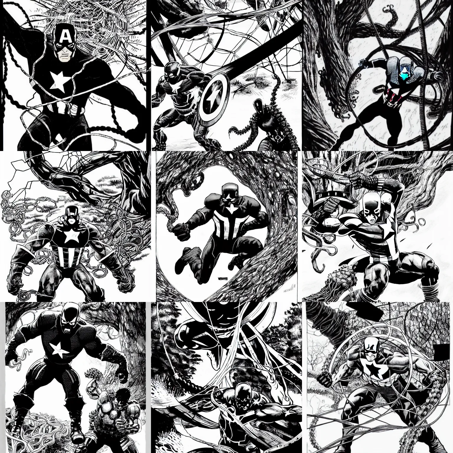 Prompt: black and white captain america defends himself with a shield against the sword of a giant tree monster with wires and tentacles in the cuberpunk forest, by tsutomu nihei, black and white