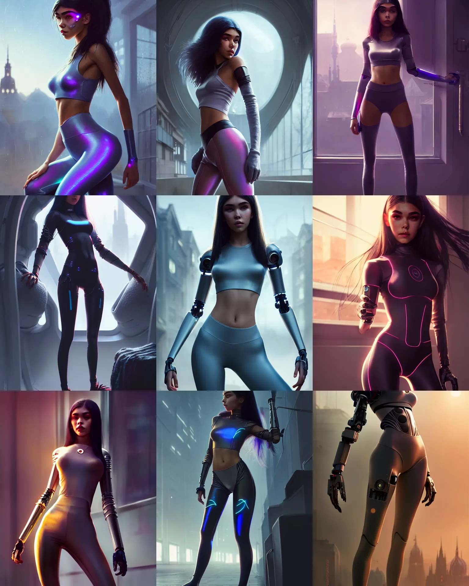 Prompt: a photo of madison beer : : college woman : : as far - future ukrainian cyborg woman by weta : : by greg rutkowski, wlop, rossdraws, artgerm, pixar, unreal engine, glossy skin, pearlescent, wet - look leggings, 4 k, hdr, bright morning, : :