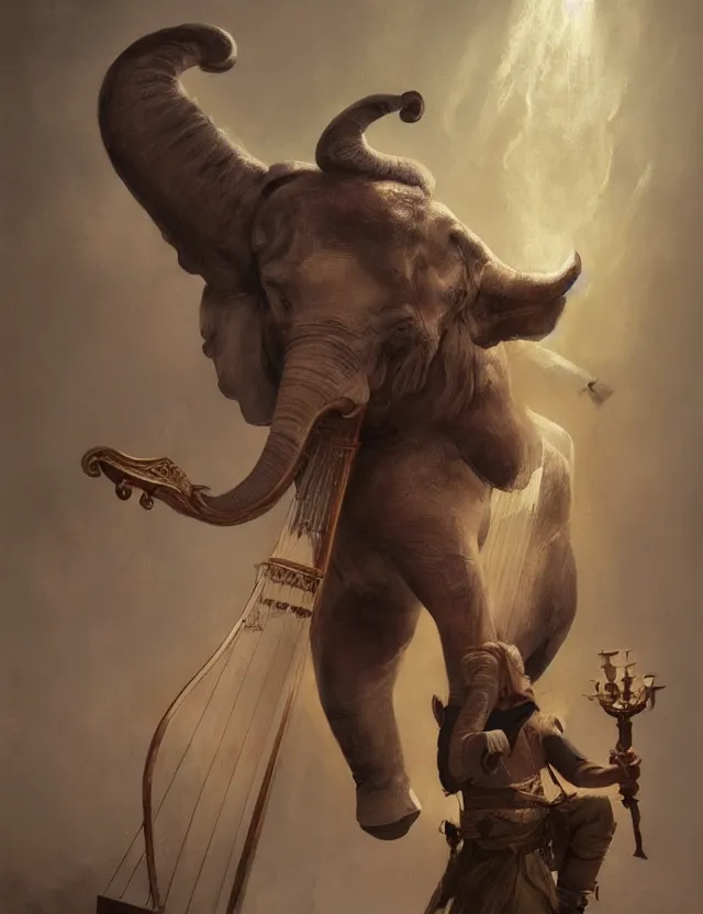 Image similar to painting of humanoid elephant wearing medieval bard clothes and holding a harp, epic, trending on artstation, masterpiece, cinematic lighting, by ross tran and by greg rutkowski