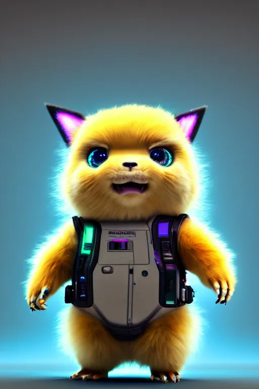 Image similar to high quality 3 d render cyberpunk very cute multicolored fluffy! wombat cyborg, mechanical paw, highly detailed, vray smooth, in the style of detective pikachu, hannah yata charlie immer, cinematic neon blue light, low angle, uhd 8 k, sharp focus