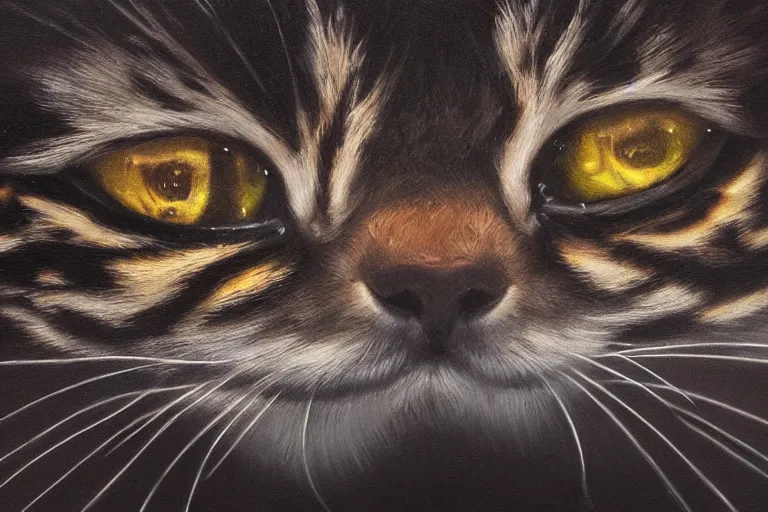 Image similar to A dark, brooding oil painting of a snarling kitten, close-up, high-quality, professional, dramatic lighting, extremely high detail, trending on artstation