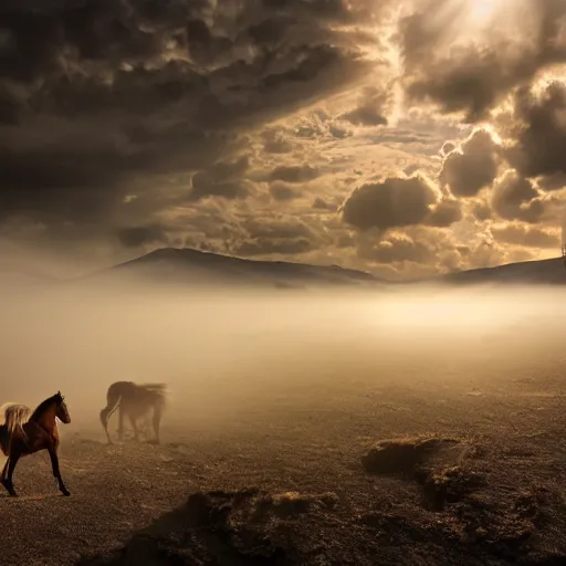 Image similar to stampeding muscular horse emerging out of pyroclastic flow with mist and sun rays. wide angle lens. 4 k