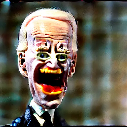 Image similar to claymation joe biden insatiable hunger for ice cream by jan svankmajer, hyperrealistic, very detailed, tim burton, 3 5 mm film still, gothic, horror, eldritch