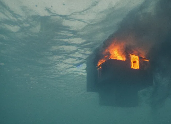 Image similar to dslr photo still of a house on fire under the water under water at the bottom of the ocean, 8 5 mm f 1. 8