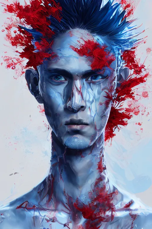 Image similar to portrait of beautiful young man, warhammer, japanic style, cyberpunk, a lot of scars, more and more flowers, blue head, some red water, the middle ages, highly detailed, artstation, illustration, artgerm sylvari portrait, 8 k quality, art by max ernst