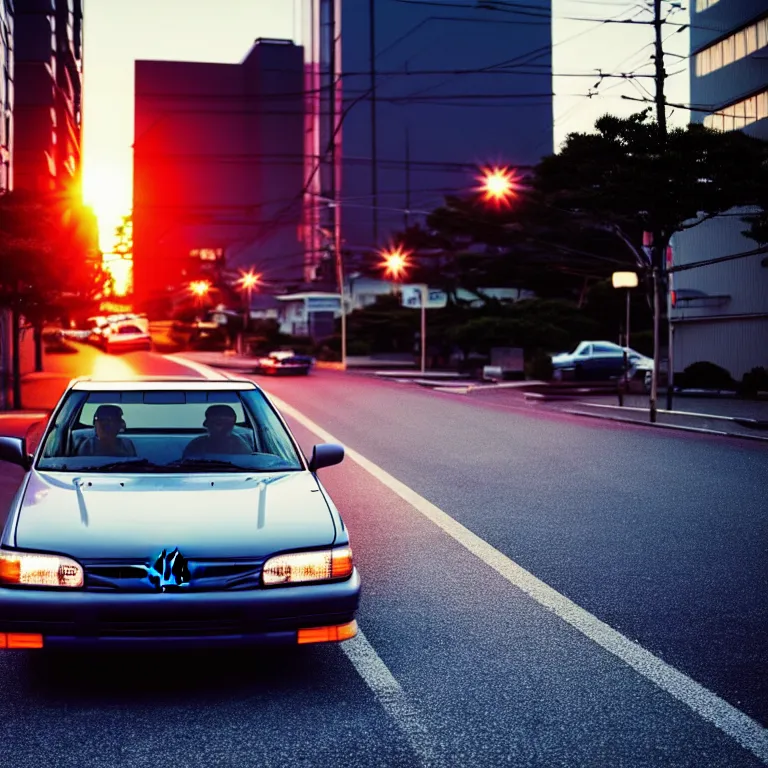 Image similar to close-up-photo 1997 TOYOTA CAMRY middle of street, sunset kanagawa prefecture, night, cinematic color, photorealistic, highly detailed,