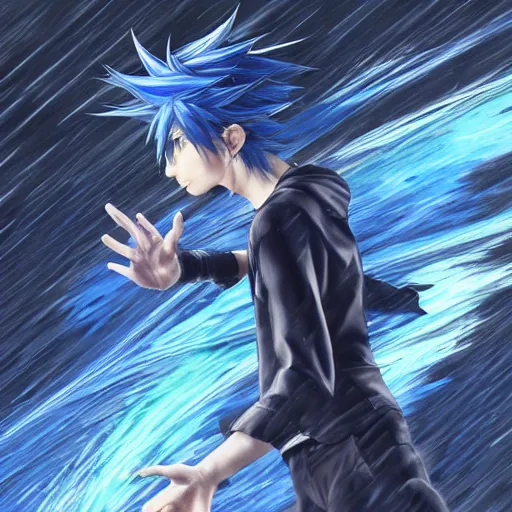 Image similar to a blue haired boy in a dynamic pose. standing in the rain character design. gesture drawing. line of action. official art, concept art. tetsuya nomura. final fantasy. shigenori soejima medium shot. ray tracing hdr. 8 k. uhd. sharp focus. symmetrical. coherent highly detailed. masterpiece. cinematic lighting..