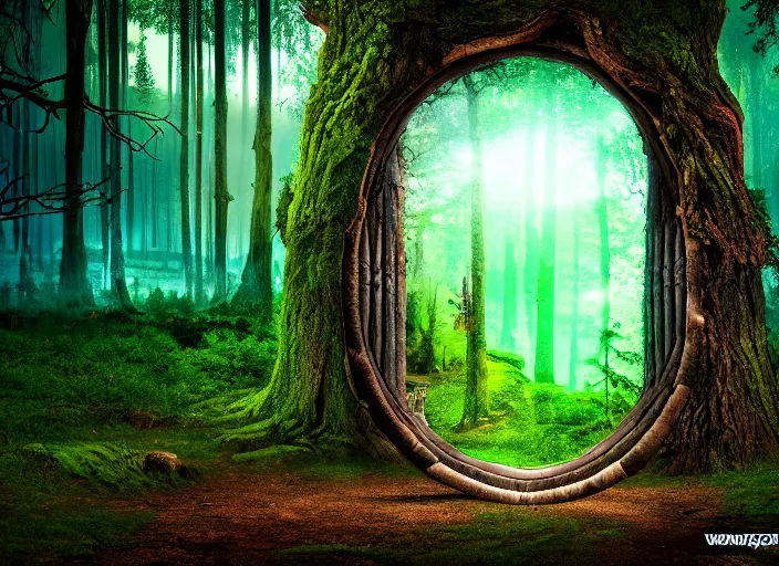 Image similar to photo of a portal to another world. Forest in the background. Fantasy magic style. Highly detailed 8k. Intricate. Nikon d850 55mm. Award winning photography.