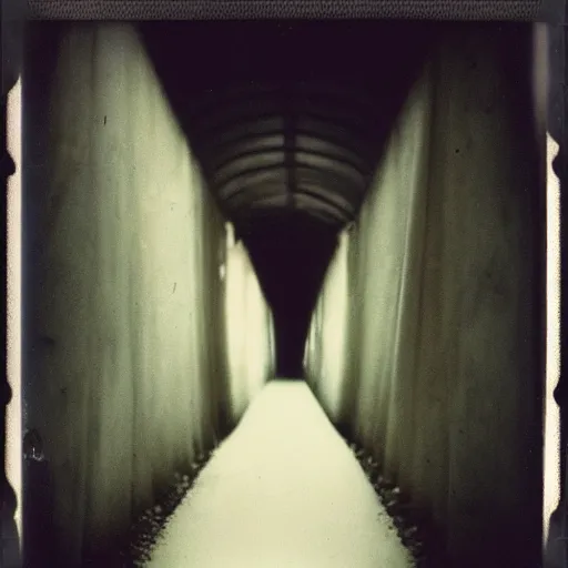 Image similar to a dark and narrow glacier tunnel, dark, creepy, eerie, unsettling, terrifying, old polaroid, expired film, deep,