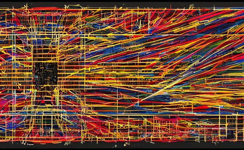 Prompt: automated modularity of the graphic musical score, hypermasculine, explosive, with colors from the movie fight club