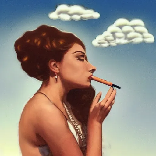 Image similar to goddess smoking a cigarette in the clouds