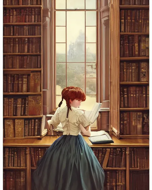 Prompt: a portrait of a victorian maid with long, flowing, auburn hair, detailed face, large eyes, standing in a victorian reading room, window, short bookshelf, holding a stack of books, vivid colors, soft lighting, atmospheric, cinematic, moody, in the style of Ilya Kuvshinov and Range Murata, Krenz Cushart, oil on canvas, anime, 8K