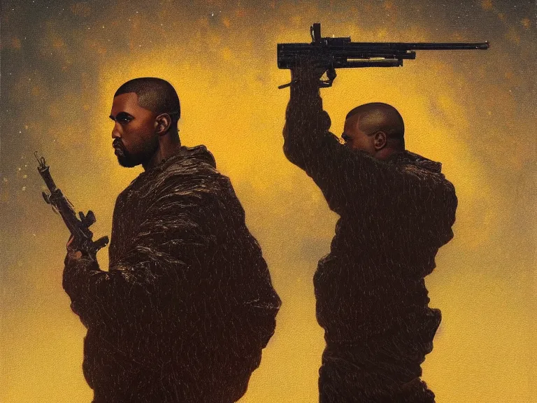 Prompt: a detailed profile oil painting of kanye west holding a gun, aurora lighting clouds and stars by beksinski carl spitzweg and tuomas korpi. intricate artwork by caravaggio. Trending on artstation. 8k