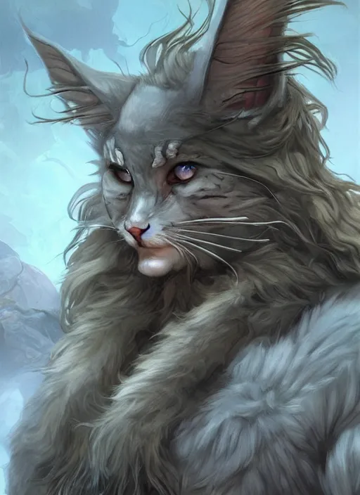 Prompt: stone maine coon, anthropomorphic large maine coon, dnd bipedal golem character, golem coon, aware. stone cat. dnd character concept, dnd digital painting, dnd artstation, dnd concept art, smooth, super sharp focus, illustration, art by artgerm and h r giger and alphonse mucha. epic fantasy illustration for dnd character