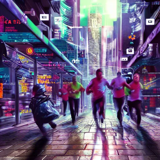 Image similar to crowd running of bitcoin, cyberpunk art, hyper-realistic, 4k