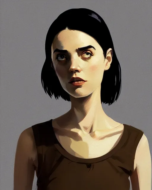 Image similar to cottagecore hyper - realistic portrait of a woman in black sleeveless t - shirt, black hair, by atey ghailan, by greg rutkowski, by greg tocchini, by james gilleard, by joe fenton, by kaethe butcher, dynamic lighting, gradient light yellow, brown, blonde cream and white color scheme, grunge aesthetic