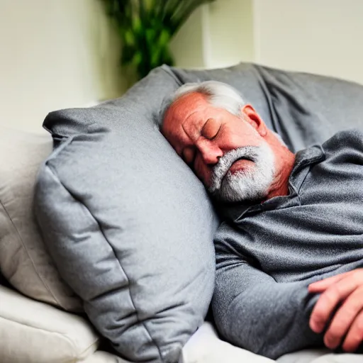 Prompt: dad with grey beard sleeping on the couch