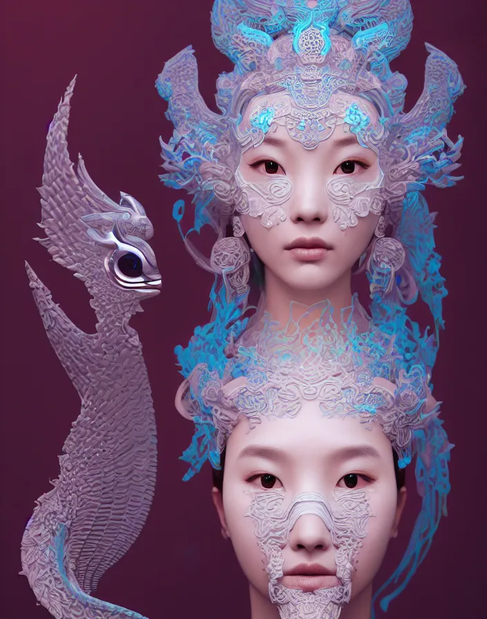 Image similar to 3 d goddess medium shot profile portrait. beautiful intricate highly detailed korean gumiho mask and traditional korean hanbok. stingray, magpie, stingray, magpie, bioluminescent, plasma, lava, ice, water, wind, creature, fog, artwork by tooth wu and wlop and beeple and greg rutkowski, 8 k trending on artstation,