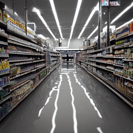 Prompt: photo of a grocery store interior, the floor is flooded with one meter deep water. eerie, volumetric lighting.