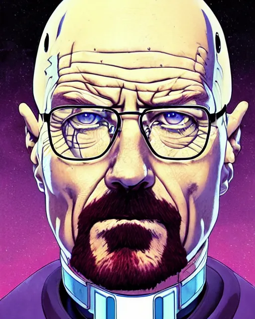 Image similar to portrait of walter white as a robot, cybernetic enhancements, art by makoto shinkai and alan bean, yukito kishiro