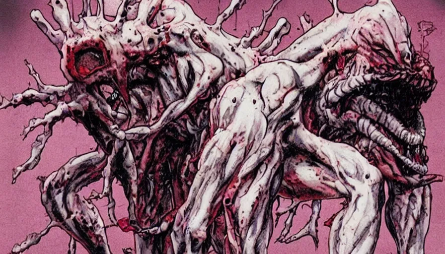 Image similar to a disgusting and vile monster eating a person, neon genesis evangelion inspired, The Thing, Horror necro-morph by Cronenberg and greg nicotero special effects