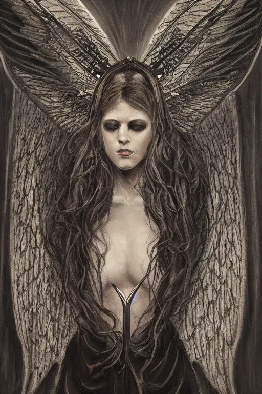 Image similar to portrait of an ominous looming moth angel at a dark shrine, oil on canvas, experimental gothic style, perfect detailed symmetrical face, mood lighting, dramatic, ornate, elegant, detailed, prominent intricate wings, concept art, trending on artstation, javascript enabled