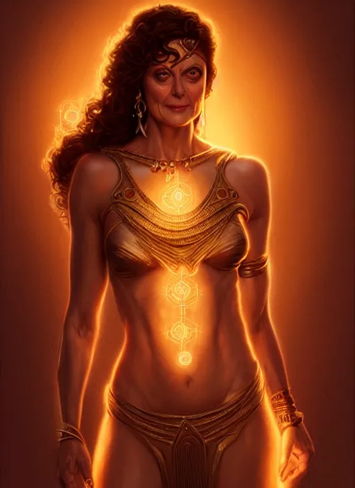 Image similar to susan sarandon as dejah thoris, intricate, elegant, glowing lights, highly detailed, digital painting, artstation, glamor pose, concept art, smooth, sharp focus, illustration, art by artgerm and greg rutkowski, artey freytag