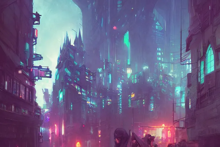 Image similar to Hogwarts cyberpunk city, neon lighting, night city, digital art from artstation by Ruan Jia and Mandy Jurgens and Artgerm and william-adolphe bouguereau and Greg Rutkowski and Wayne Barlowe