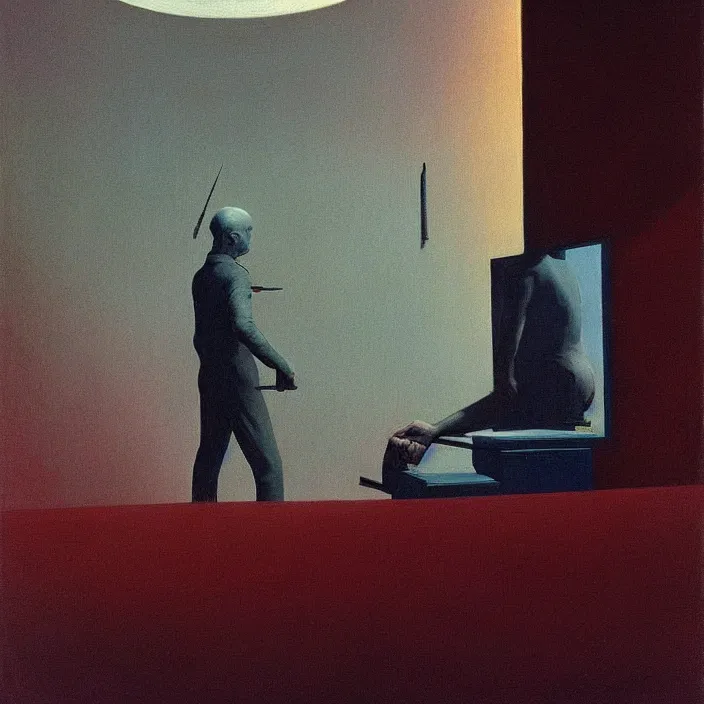 Prompt: an artist painting a self-portrait, science fiction, Edward Hopper and James Gilleard, Zdzislaw Beksinski, highly detailed