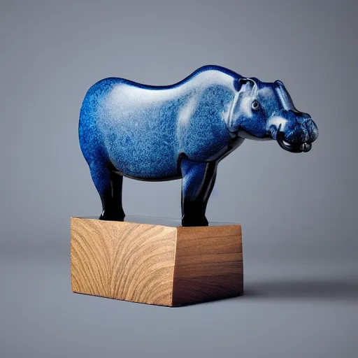 Image similar to a museum - quality stylized wood and epoxy hippopotamus made of polished wood grain with a blue epoxy ceramic head, hd photograph, matte gray background