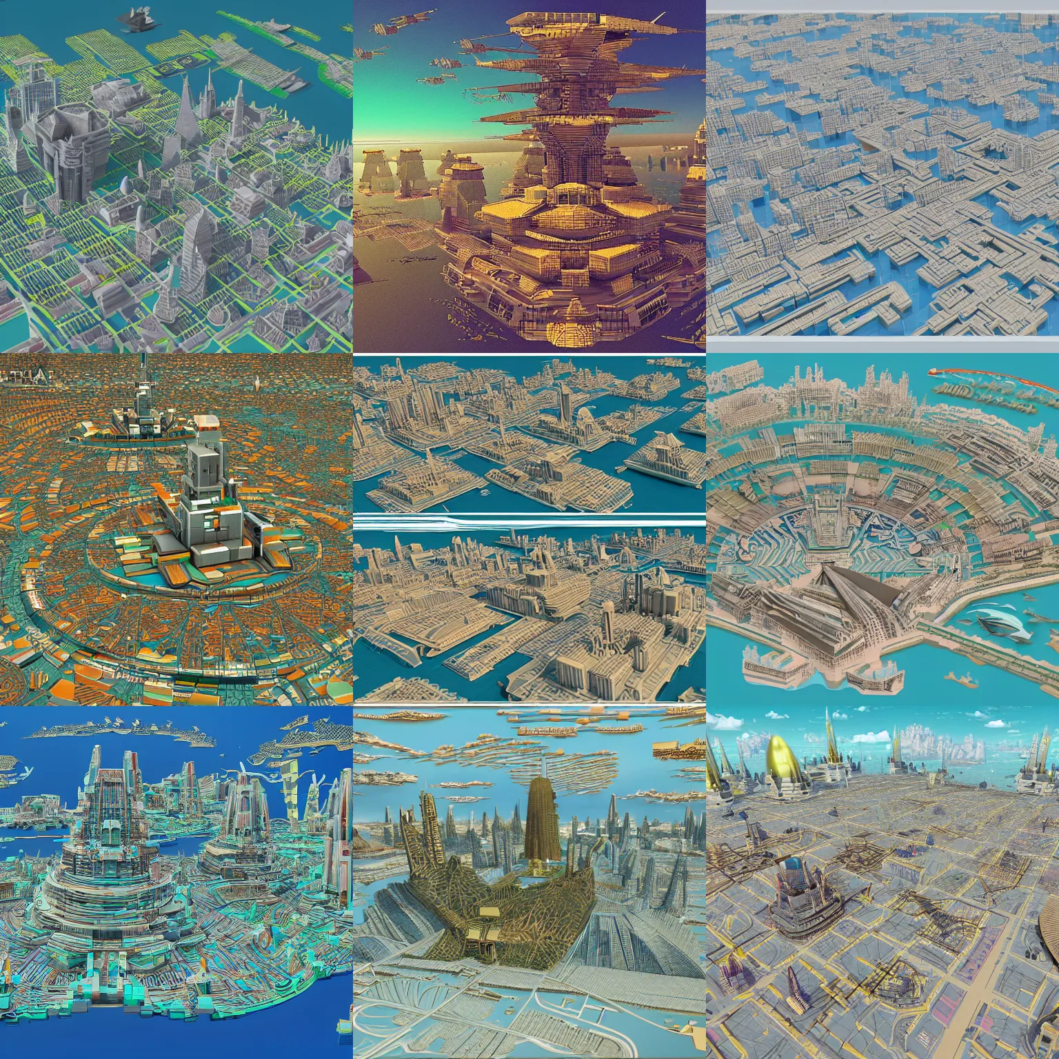 Prompt: a detailed map of a futuristic dystopian city located in an island with a few flying ships sailing around it, in the style of the vienna secession and the mexican muralists, full color, voxel