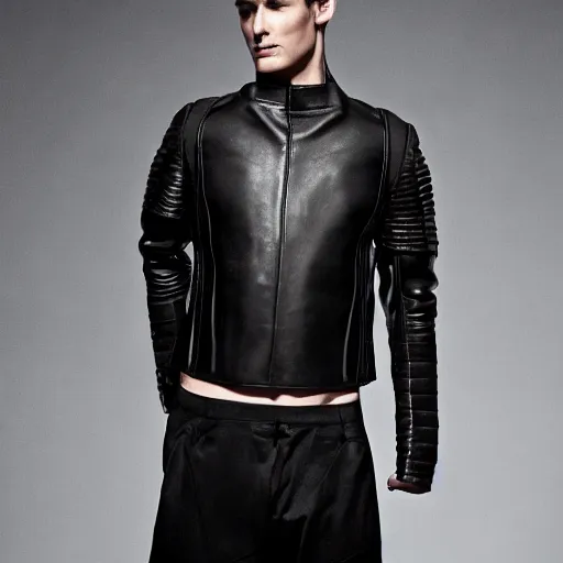 Prompt: a editorial photo of a male model wearing a designer medieval cropped leather menswear jacket