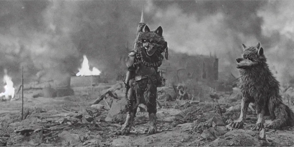 Prompt: anthropomorphic furry wolf in armor standing in front of a burning village, 1900s film scene