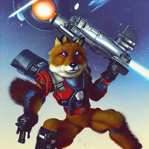 Image similar to a portrait of fox mccloud holding a blaster, suspenseful, heroic, anthropomorphic furry art, star fox, by jim burns, vincent di fate, and peter elson