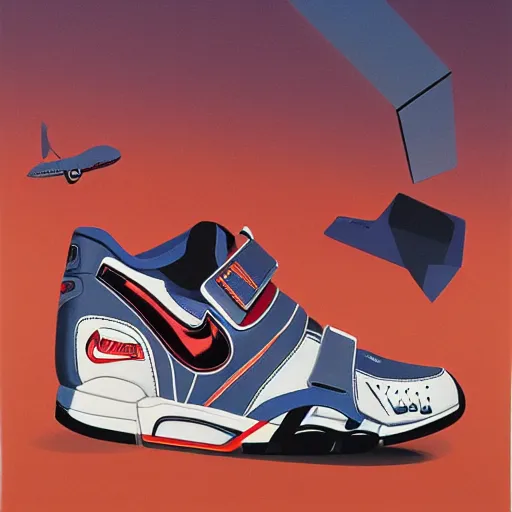 Image similar to retro futuristic Nike air trainer sneakers with straps by syd mead, matte painting, geometric shapes