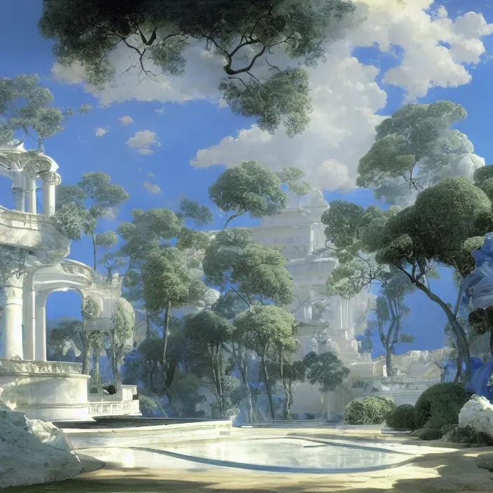 Prompt: gardens of marble draped in flowing sheets of cobalt blue satin and silver satin, by syd mead and ivan aivazovsky and alma tadema and pieter claesz and moebius and roger dean and august malmstrom, hyperrealistic, volumetric light, octane render