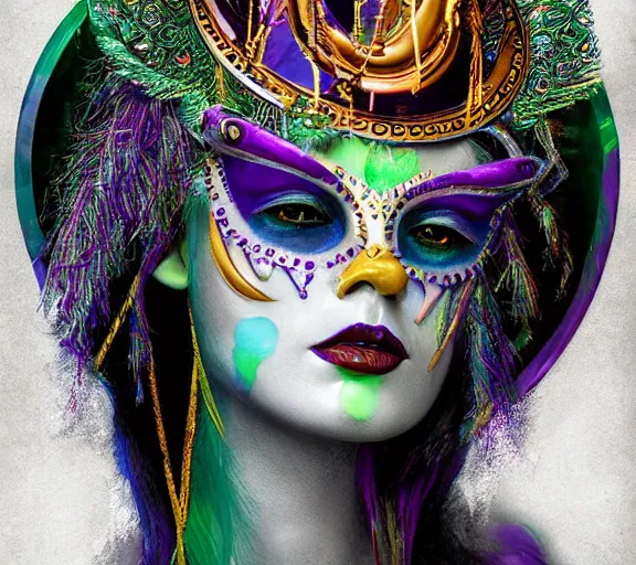 Image similar to beautiful female character inspired by new orleans mardi gras and cubism vampire bounty hunter | | digital artwork made by greg rutswork, anna dittmann and lois van barlee, symmetrical rim light, anatomically correct