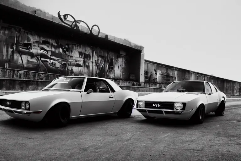 Prompt: audi camaro b 1 ( 1 9 6 9 ) drifting, need for speed : carbon, neon lines, ultra phonk, phonk music background, smoke behind wheels, noise, dark, establishing shot, japanese temple multistorey car park