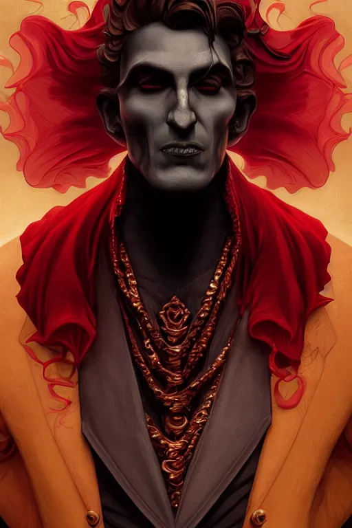 Image similar to bust of a man vampire , strong boy, gradient black red, dreamy and ethereal, orange eyes, golden ratio, vicious expression, ornate frilly suit, fantasy, intricate, elegant, rainbow bubbles, highly detailed, digital painting, artstation, concept art, smooth,b sharp focus, illustration, art by artgerm and greg rutkowski and alphonse mucha