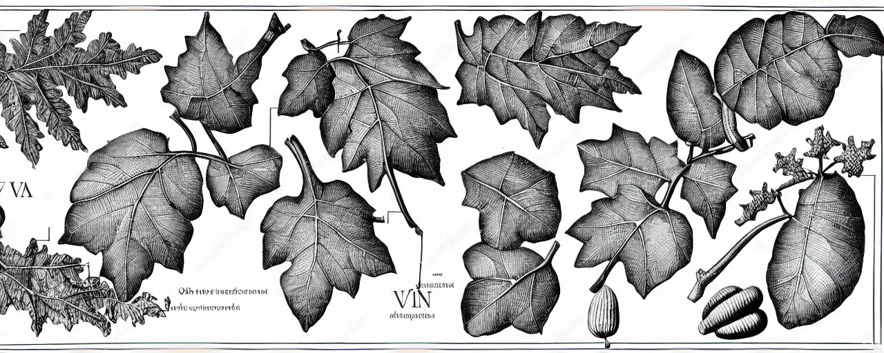 Image similar to a full page schematic diagram illustration of a vine leaves and acorns from an oak tree, ultra detailed, 4 k, intricate, encyclopedia illustration, fine inking lines