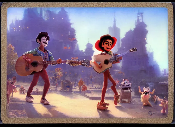 Image similar to polaroid movie still of pixar's coco, artwork by gaston bussiere, craig mullins, trending on artstation