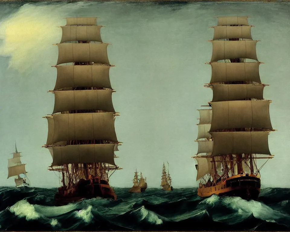 Image similar to an achingly beautiful print of the HMS Bounty sailing on stormy seas by Raphael, Hopper, Goya, and Rene Magritte. detailed, moody, enchanting, trending on artstation.