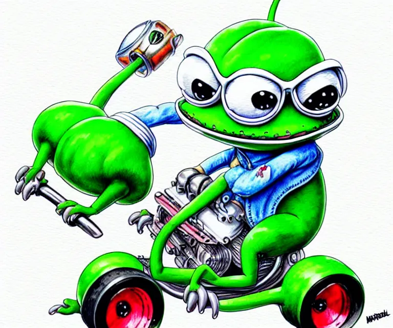 Image similar to cute and funny, cute pepe wearing a helmet riding in a tiny hot rod with oversized engine, ratfink style by ed roth, centered award winning watercolor pen illustration, isometric illustration by chihiro iwasaki, edited by range murata, details by artgerm