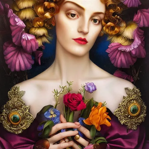 Prompt: dynamic composition, blonde woman with hair of irises and spring flowers wearing ornate earrings, ornate gilded details, a surrealist painting by tom bagshaw and jacek yerga and tamara de lempicka and jesse king, wiccan, pre - raphaelite, featured on cgsociety, pop surrealism, surrealist, dramatic lighting