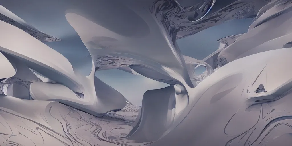 Image similar to landscape painting by james jean with zaha hadid architecture , redshift, octane