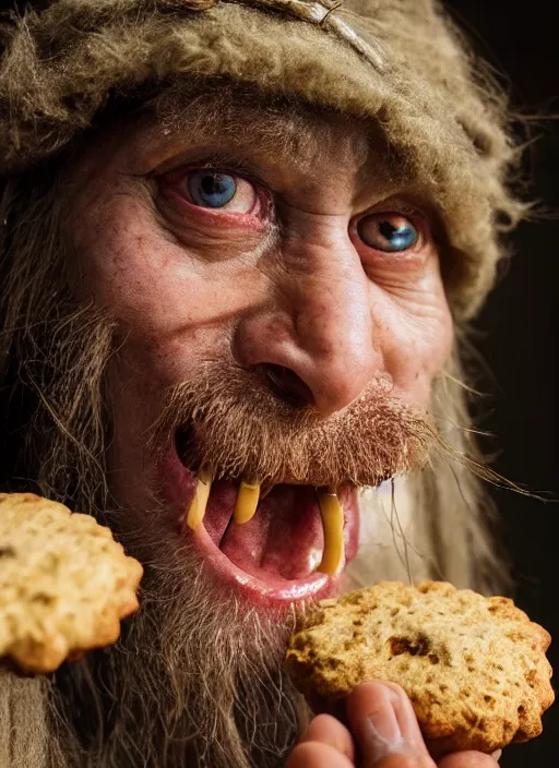 Image similar to closeup portrait of a troll eating biscuits in the dungeon , depth of field, zeiss lens, detailed, symmetrical, centered, fashion photoshoot, by Annie Leibovitz and Steve McCurry, David Lazar, Jimmy Nelsson, Breathtaking, 8k resolution, extremely detailed, beautiful, establishing shot, artistic, hyperrealistic, beautiful face, octane render